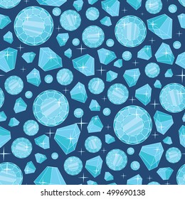 Seamless pattern of blue shiny diamonds. Different diamonds in various projections on dark blue background. Diamond decoration. Diamond background. Vector illustration in flat.