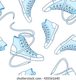 Seamless pattern with blue shoes. Hand drawn gumshoes