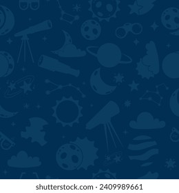 Seamless pattern blue silhouette cute solar eclipse in flat cartoon style