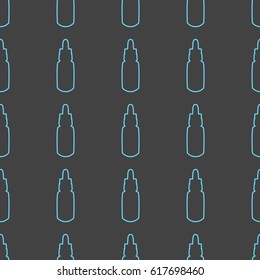 Seamless pattern with blue silhouettes of e-juice liquid bottles for electronic cigarettes on dark gray background. Vector illustration.