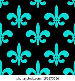 Seamless pattern with blue silhouettes gothic royal lily flowers on a black background. Fleur-de-lys. Endless print texture - vector