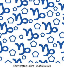 Seamless pattern of blue silhouettes of the zodiac sign Capricorn and pentagons of different sizes on a white background vector illustration