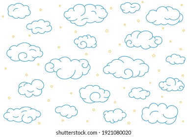 Seamless pattern with blue simple doodle clouds and little stars.