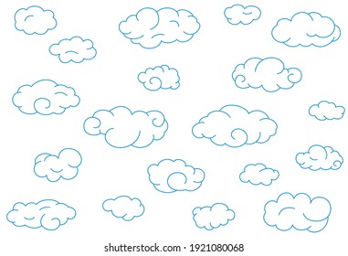 Seamless pattern with blue simple doodle clouds.