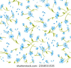 Seamless pattern with blue simple flowers. Fashion textile print. Vector illustration