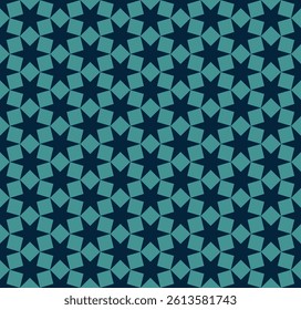 A seamless pattern of blue six sided stars with points touching creating a horizontal and vertical flow and forming quare shapes inbetween.