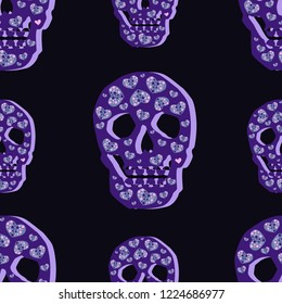 Seamless pattern of blue skulls with blue flowers
