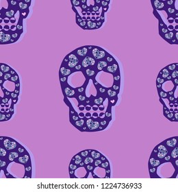 Seamless pattern of blue skulls on a pink background