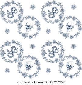 Seamless pattern with blue skulls, snakes, and floral designs on a white background, creating a unique and artistic design