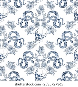 Seamless pattern with blue skulls, snakes, and floral designs on a white background, creating a unique and artistic design