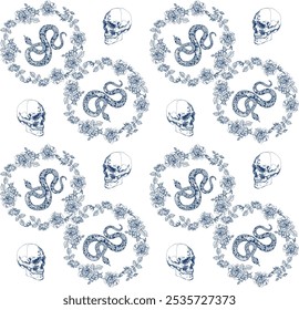 Seamless pattern with blue skulls, snakes, and floral designs on a white background, creating a unique and artistic design