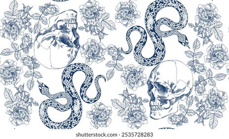 Seamless pattern with blue skulls, snakes, and floral designs on a white background, creating a unique and artistic design