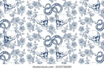 Seamless pattern with blue skulls, snakes, and floral designs on a white background, creating a unique and artistic design