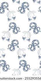 Seamless pattern of blue skulls and snakes on a white background, ideal for fabric or wallpaper design	