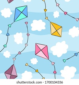 Seamless pattern with blue sky, white clouds and kites. Hand-drawn children`s background. Vector illustration for baby design, posters, cards.