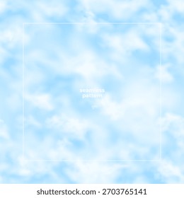 Padrão contínuo com céu azul e nuvens brancas. Projeto de fundo vetor suave e calmo para tecido, papel de parede, web e projetos decorativos.