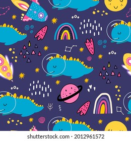 Seamless pattern with a blue sleeping dinosaur in space. Vector illustration with dinosaurs, planets, rainbows, stars, spaceships. Doodle style. Cute print for clothes, fabrics, prints.