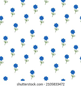 Seamless pattern with blue small flowers on a white background. Minimalistic spring illustration for packaging, baby clothes and textiles. Delicate cute daisies