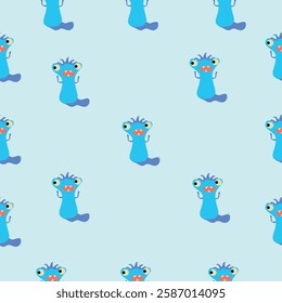 Seamless pattern with blue snake-like monsters with large eyes on a light blue background. Curious and playful style