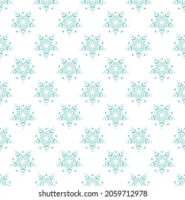 Nahtloses Muster mit blauen Schneeflocken-Sternen auf weißem Hintergrund. Icy, Frostgeometrische Ornamente. Vektorgrafik. Stardust-Kaleidoskop-Druck. Wintermonat