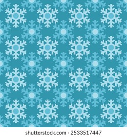 Seamless Pattern Blue Snowflake. Winter Seasonal. Design for Wallpaper, Background, Apron, plate pattern, tile, wrapping paper, paper git, post card, fabric, notebook cover. Vector.