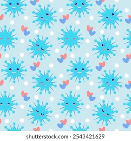 Padrão contínuo de flocos de neve azuis com rostos de desenho animado e corações vermelhos.