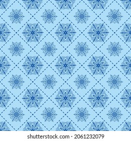 Seamless pattern of blue snowflakes. For decoration of borders, postcards, posters, flyers for the New Year and Christmas holidays. Vector illustration