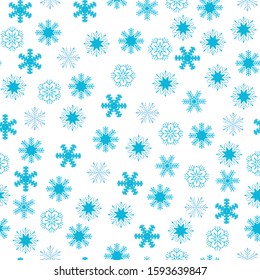Seamless pattern of blue snowflakes isolated on white background.