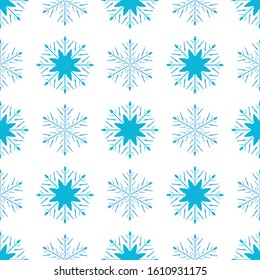 Seamless pattern of blue snowflakes isolated on white background.