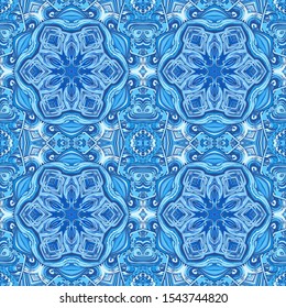 Seamless pattern. Blue snowflakes on an openwork background. Checkered structure.