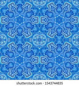 Seamless pattern. Blue snowflakes on an openwork background. Checkered structure.