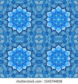 Seamless pattern. Blue snowflakes on an openwork background. Checkered structure.