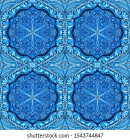 Seamless pattern. Blue snowflakes on an openwork background. Checkered structure.