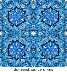 Seamless pattern. Blue snowflakes on an openwork background. Checkered structure.