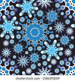 Seamless pattern of blue snowflakes on a black background. Gradient, vector. Gift Christmas paper, christmas textiles. Christmas design and decoration
