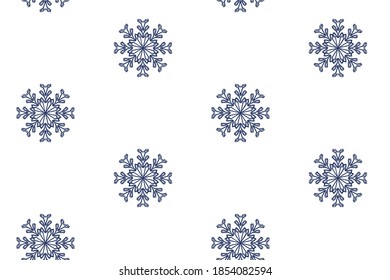 A seamless pattern of blue snowflakes on a white background. Symbol of snow, holiday, cold, frost. Winter design element.