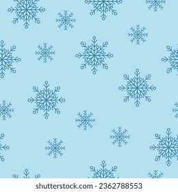 Seamless pattern with blue snowflakes on a blue background. Snow flat icons, cute snowflakes repeat wallpaper. Nice element for christmas banner, wrapping. Traditional Christmas decoration.