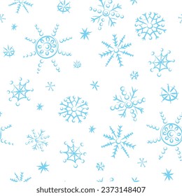 seamless pattern of blue snowflakes on a white background, winter pattern with different snowflakes and stars