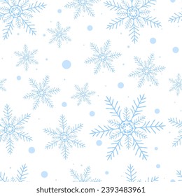 Seamless pattern with blue snowflakes on white background. Flat line snowing icons, cute snow flakes repeat wallpaper. Nice element for christmas banner, wrapping. New year traditional ornament