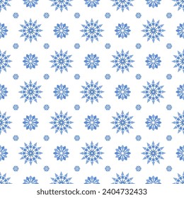 Seamless pattern with blue snowflakes on white background. Flat line snowing icons, cute snow flakes repeat wallpaper. Geometric vector snowflakes