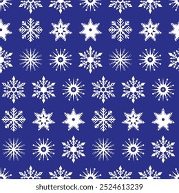 Seamless pattern of blue snowflakes on a blue background. Winter blue background with snowflakes.