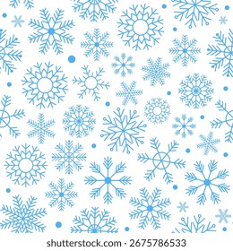 Seamless pattern of blue snowflakes on a white background. Vector illustration.