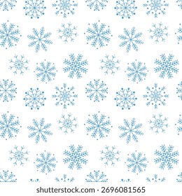 Padrão contínuo de flocos de neve azuis em um fundo branco. Design de inverno geométrico mínimo para cartões de Natal e Ano Novo, papel de embrulho, tecido, papel de parede e projetos sazonais de férias.