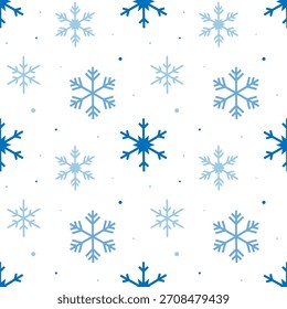 Seamless pattern with blue snowflakes on a white background, winter nature concept. Vector illustration for greeting card, print fabric or textile design, seasonal decoration for the winter holidays.