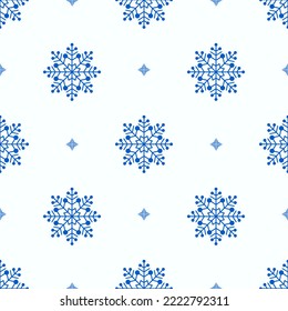 Patrón sin foco de copos de nieve azules, estrellas de fondo aislado. Celebración de temporada de Año Nuevo, Navidad, feriados de invierno. Fondo de nieve para tarjetas de felicitación, scrapbooking, fondo de pantalla.