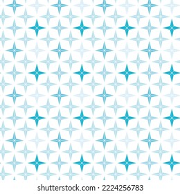 Patrón sin foco de copos de nieve azules, estrellas de fondo blanco aislado. Celebración de temporada de Año Nuevo, Navidad, feriados de invierno. Fondo estelar para tarjetas de felicitación, scrapbooking, fondo de pantalla.