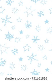 Seamless pattern of blue snowflakes and stars.
