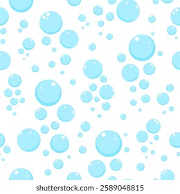 Seamless pattern with blue soap bubbles on white background. Vector illustration.