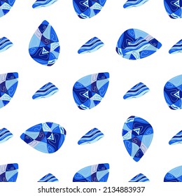 Seamless pattern with blue sodalite gemstones on a white background. Magic palm stone. Colorful hand drawn vector illustration. Print for wrapping, textile or fabric, paper