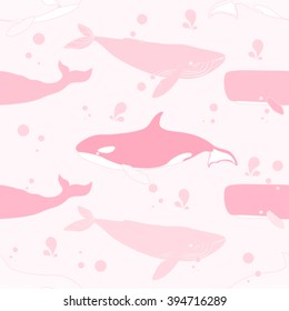 Seamless pattern with blue, sperm and killer whales. Vector illustration.